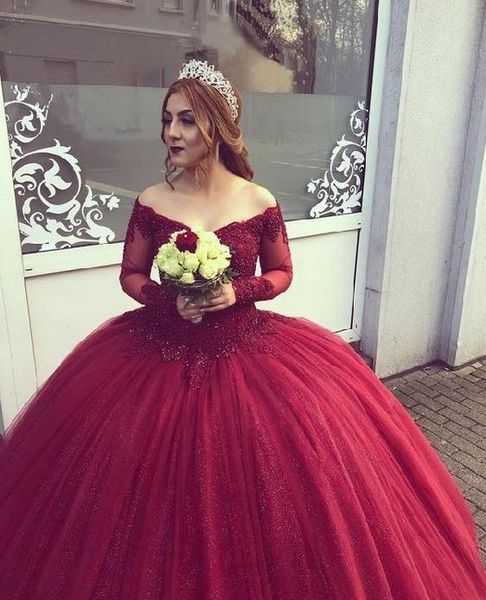 

vintage wine red quinceanera prom dresses ball gown sequins fabric tulle v neck off shoulder long sleeves lace applique sweet 16 dress cheap, Blue;red