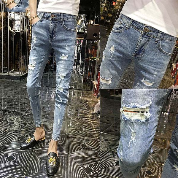

wholesale 2019 spring autumn cowboy guy denim jeans men's feet slim jeans light blue beggar ripped hole tight skinny pants men