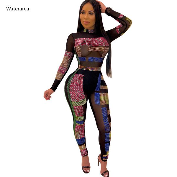 

2020 новый женский sexy сетки см хотя горячие стразы комбинезон bodycon ромпер ночной клуб партии с длинным рукавом lady эпикировка легкий к, Black;white