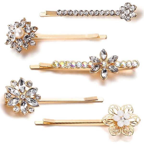 

fashion women's girl rhinestone flower geometric hairpin metal plated hairpin, Golden;white