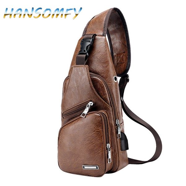 

chest bag men leather chest pack usb backbag with headphone black/brown hole functional travel organizer male sling bag x2-18