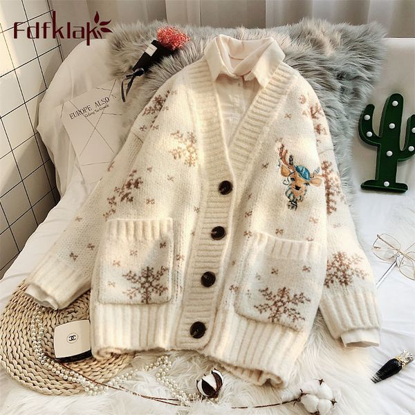 

fdfklak sweater jacket female korean loose spring autumn clothing lazy thick knitted cardigan sweaters cartoon print ladies top, White