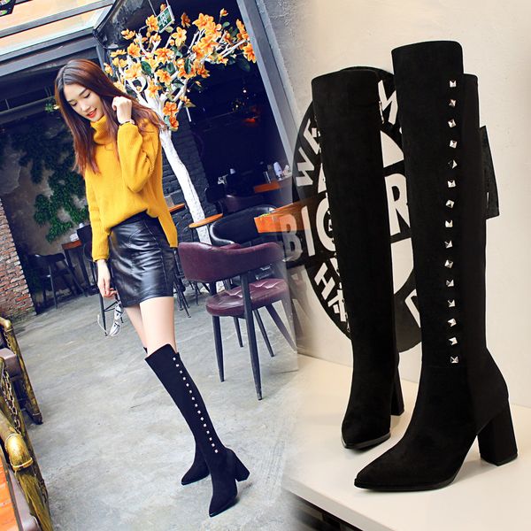 

new suede + flock leather women over the knee boots lace up high heels women shoes lace up winter boots warm size 34-39, Black