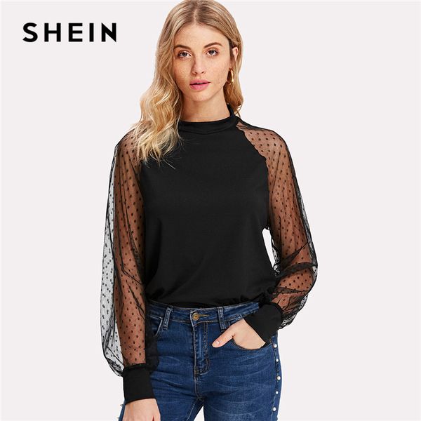 

shein polka dot mesh bishop sleeve 2018 spring fall raglan sleeve stand collar blouse long regular fit casual, White