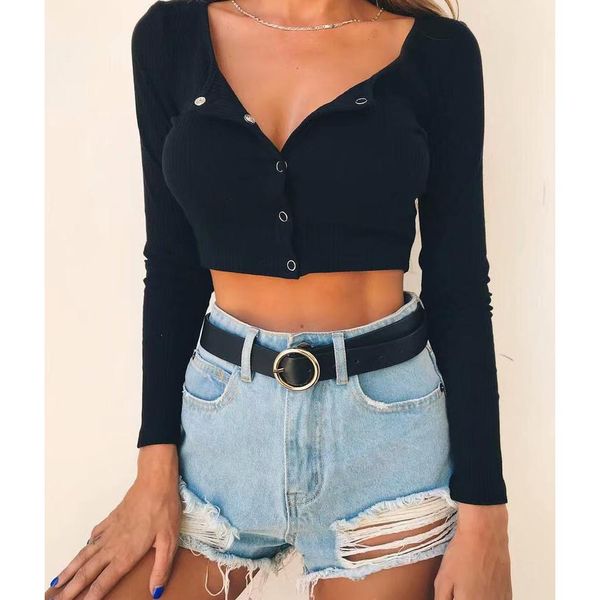 

женские трикотажные футболки 2019 springautumn новые сексуальные топы с низкой шеей узкая одежда с поясом повседневная сплошная цветная укор, White