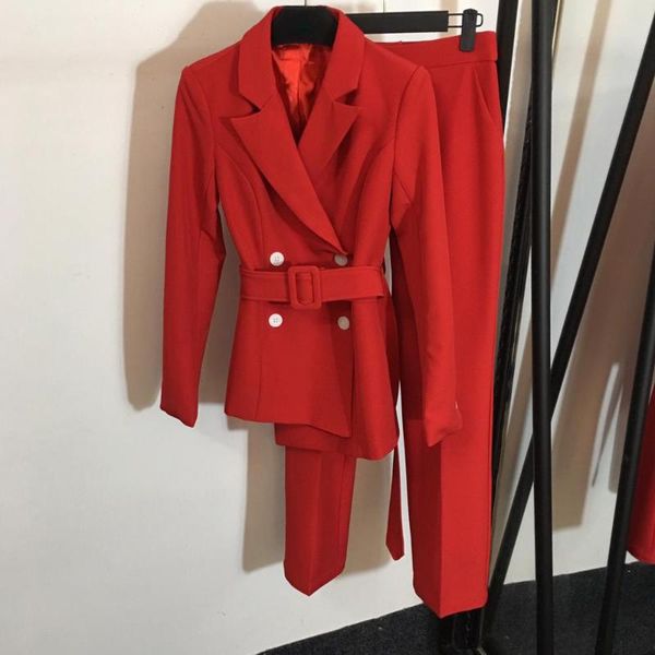 

6.1 women's office lady 2 pieces sets red double breasted blazer coat and long trousers women suits pants with belt, White;black