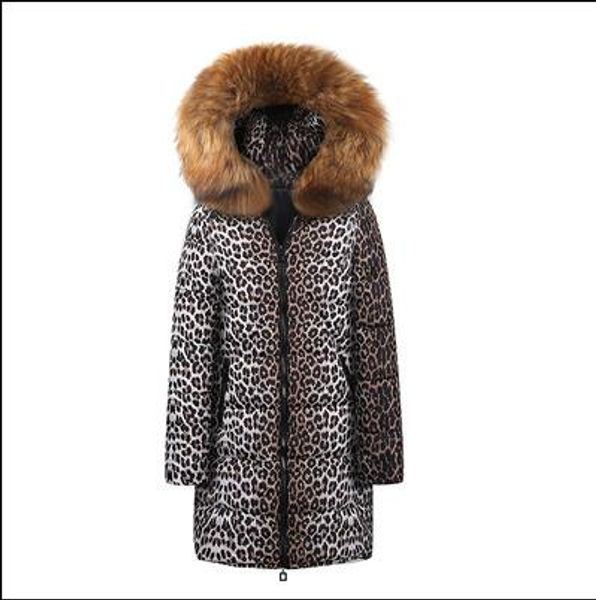 

womens designer long down coat leopard pattern thick jackets printing womens winter fur collar hooded clothes 7 styles, Black