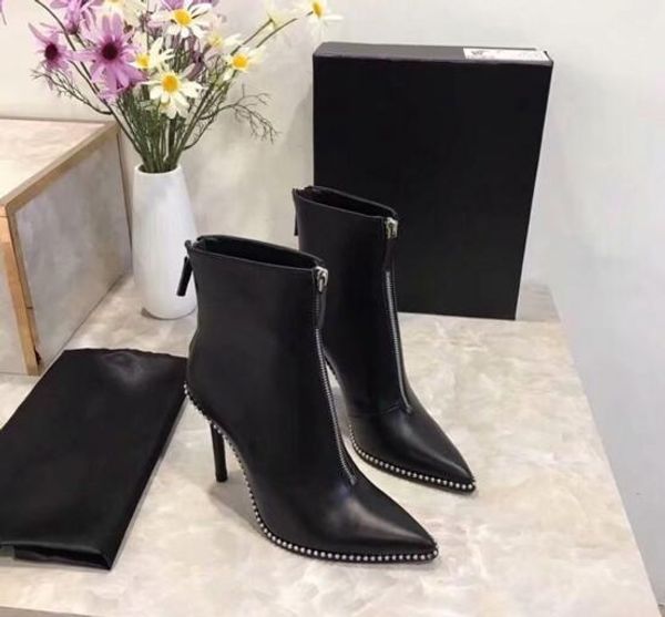 

new leather pointed toe double zipper stiletto high heel ankle boots elastic rivet women's shoes, Black