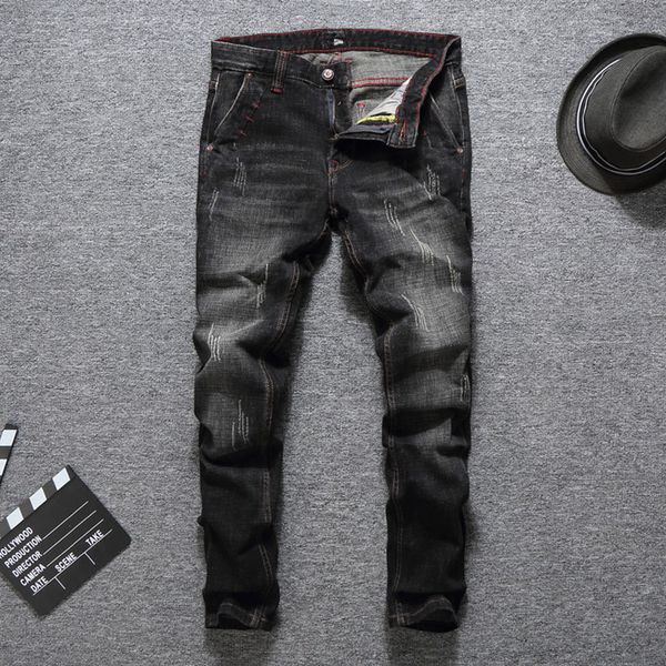 

italian vintage style fashion men jeans black gray color slim fit ripped jeans men elastic hip hop denim pants classical, Blue