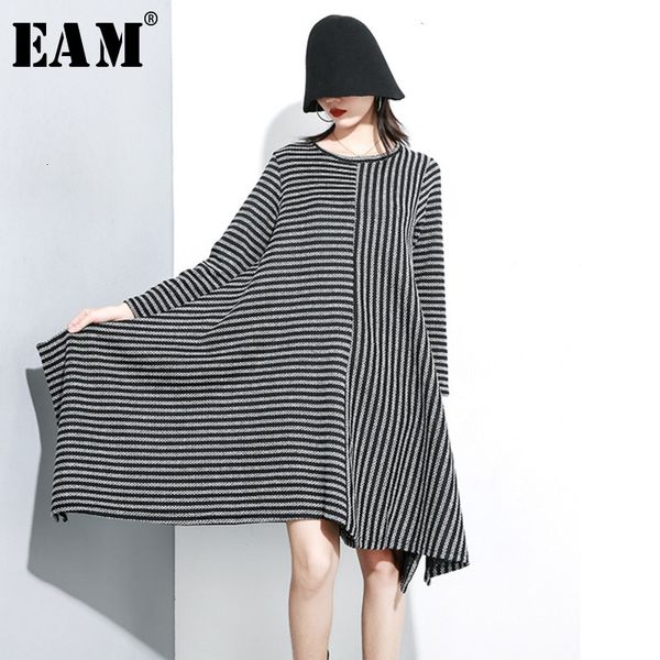 

eam] women black striped asymmetrical hemline dress new round neck long sleeve loose fit fashion tide spring autumn 2019 1k028, Black;gray