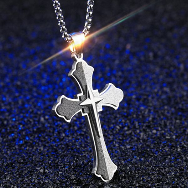 

cross frosted crucifix for literary men and women youth black pendant necklace mens boys byzantine cross with long sweater chain, Silver