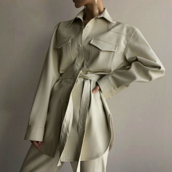 

2019 new autumn and winter turn-down collar full sleeves pu leather beige color waist belts single breasted shirt xx041, White