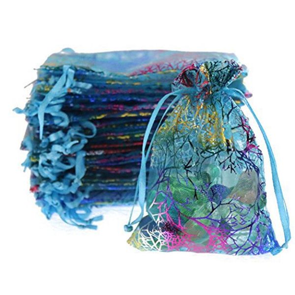 

20pcs 7x9cm organza bag colorful coral pattern wedding gift bags ribbon tulle drawstring candy bag jewelry pouches party favors
