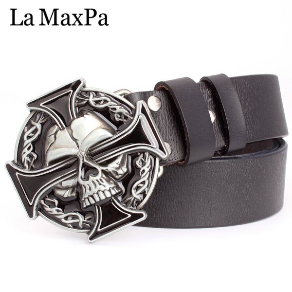 

man skull belt punk style men belt buckle silver skull cross skeleton pattern men's genuine leather gift for man, Black;brown