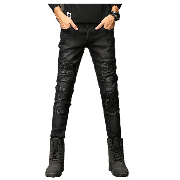 

2018 new fashion jeans hip hop rock moto mens designer clothes new fashion distressed ripped skinny denim biker jeans men pants, Blue