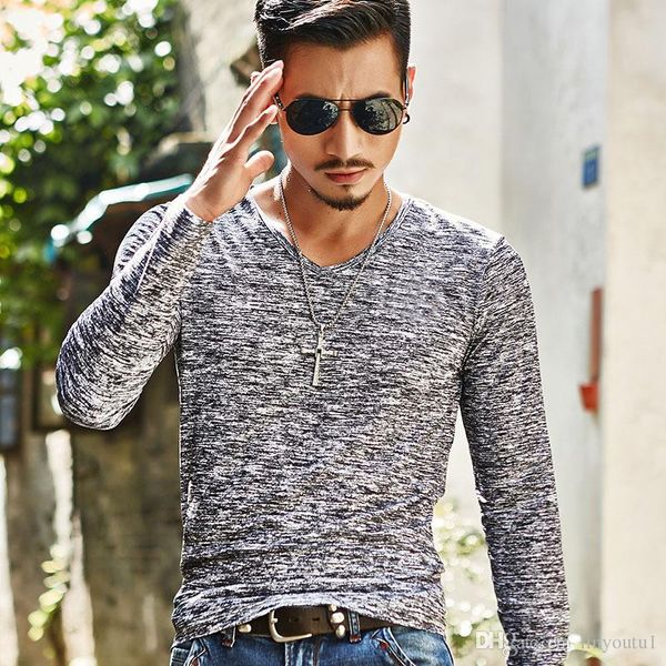

2020 autumn slim streetwear v neck t shirt men casual fitness &tees vintage blue long sleeve pullover shirt homme plus size, White;black
