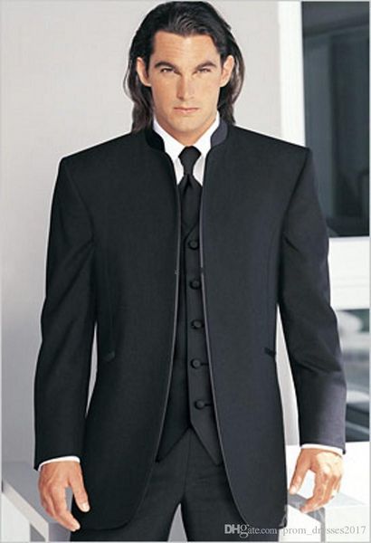 

black groom tuxedos mandarin lapel 2020 custom made man groomsmen men wedding suits bridegroom (jacket+pants+tie+vest, Black;gray