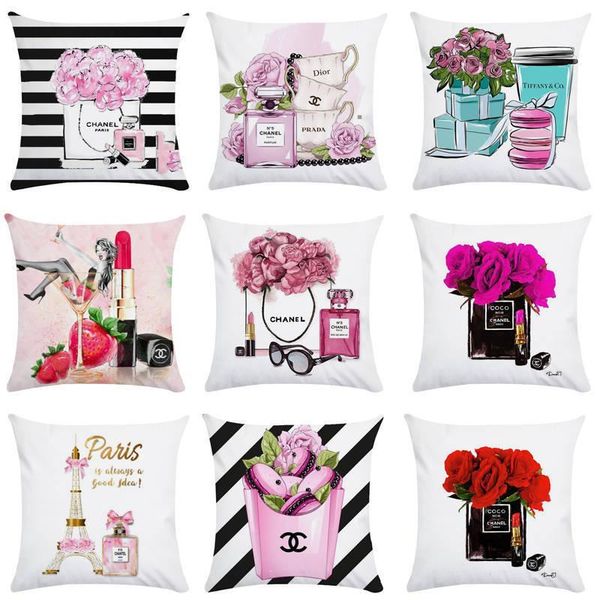 

2019 new pillowcase pink print perfume bottle series peach skin hump pillowcase fashion home pillowcase 45*45cm