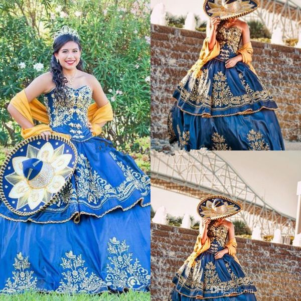 Мексиканская Quinceañera Роскошные детали Золотая вышивка Платья QuinceAnera 2019 Маскарада Бальное платье Royal Blue Sweety 16 Girls Prom Pretment