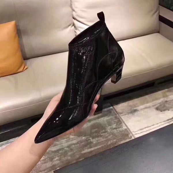 

fashionville ~ 2019090803 40 34 black patent leather pointed low heel boots