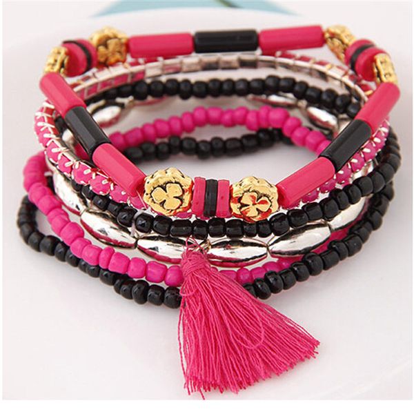 

fashion flower beads bohemian multilayer candy tassels strand bracelet wholesale cc2777, Black
