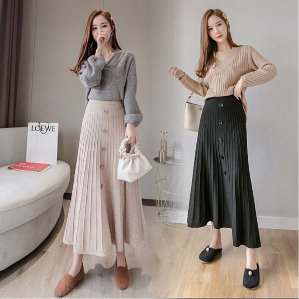 

2019 winter thicken warm retro knit long pleated skirt elastic waist buttons maxi expansion skirt fashion women skirts, Black