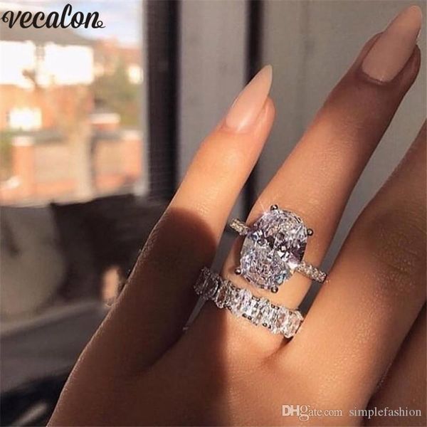 

vecalon классический 925 серебряное кольцо набор овальный вырезать 3ct свадьбы алмазный cz обручальное ленточные кольца для женщин свадебные, Slivery;golden