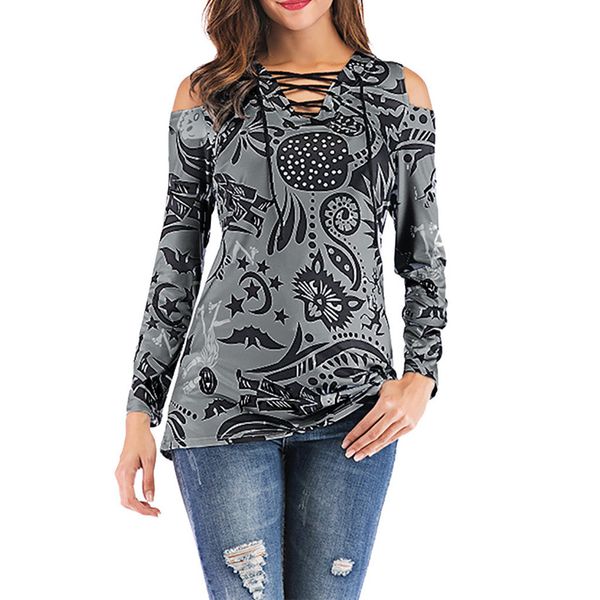 

plus size womens and blouses clothes 2019 vintage print cold shoulder long sleeve blouse women tunic lace up ladies, White