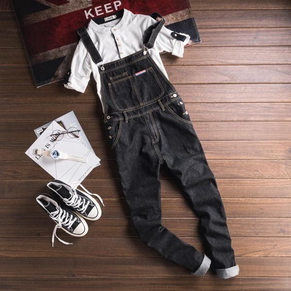 

japanese men's denim overalls, wild jumpsuits, men's slim trousers, suspenders, Black