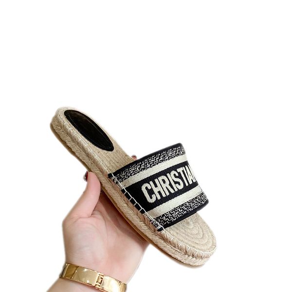 

2020 canvas womens sandals shoes slide summer fashion wide grass weave flat slippers sandals slipper flip, Black