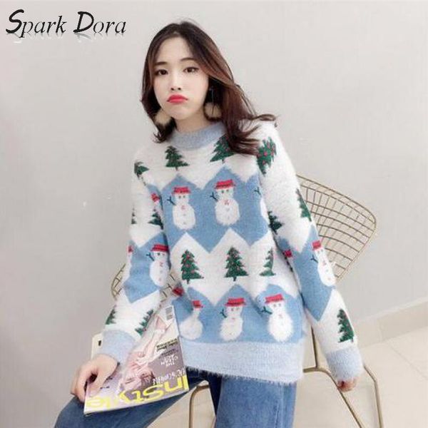 

sparkdora 2019 autumn winter christmas snowman embroidery knitted long pullovers and sweater casual loose sweater for women, White;black
