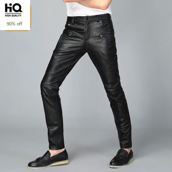 

men's pants casual mens full length 2021 genuine leather straight slim pencil streetwear comfort trouser masculino, Black
