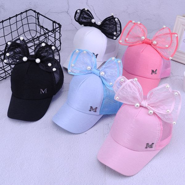 

2020 summer bow pearl baseball cap letter m butterfly bow knot summer hat for girls children's sun hat, Yellow