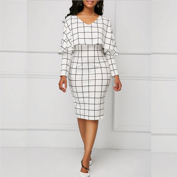 

women autumn plaid boho casual dress 2018 new lady evening party knee-length dresses beach holiday ruffles elegant pencil dress, Black;gray