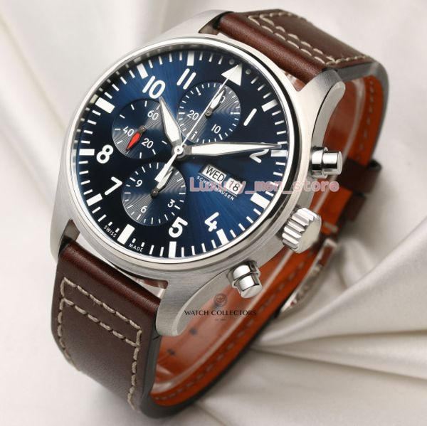 

Unworn Full-Set Upgraded version Prince Luxury Wristwatch 46MM Big Pilot Blue Dial 377714 quartz work Chronograph Men's Watches