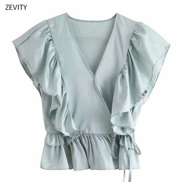 

zevity new women cross v neck solid color pleat ruffles kimono smock blouse ladies agaric lace chic femininas shirts ls6779, White
