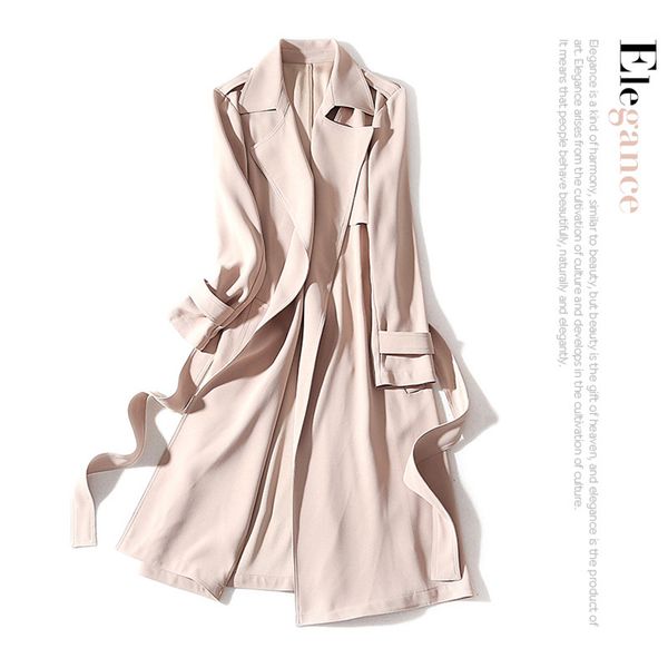 

of new fund of 2020 autumn winters is pure color long sleeve belt show thin split long trench coat acetate in female, Tan;black