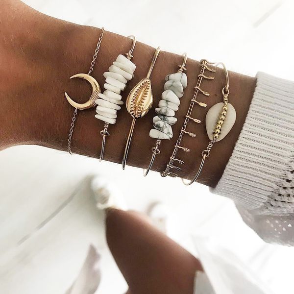 

new jewelry fashion white turquoise shell bangle simple moon tassel bracelet 6 piece set, Black