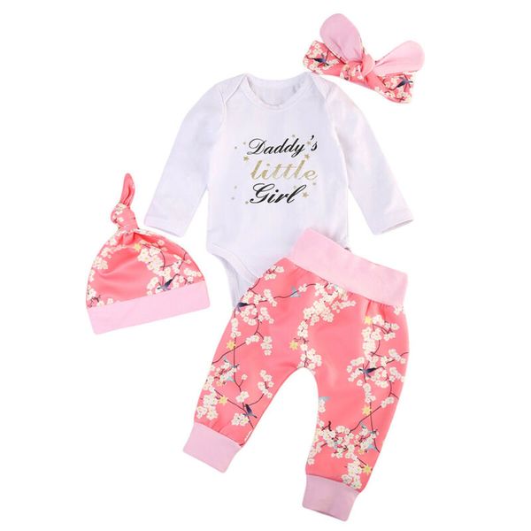 

pudcoco 4pcs/set baby girls flower bodysuit romper pants headband hat clothes floral spring autumn newborn girls pant set 0-18m, White