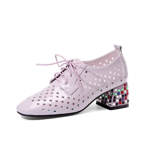 

rhinestone single shoes women's mid-heel lace-up hollow british style leather shoes women large size women's crystal, Black