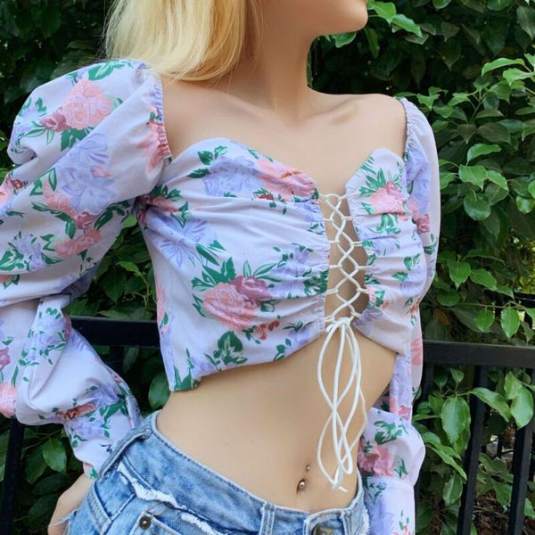 

hirigin wome's floral print bandage ladies shirts lady long sleeves slim short shirts crop vintage blouse, White