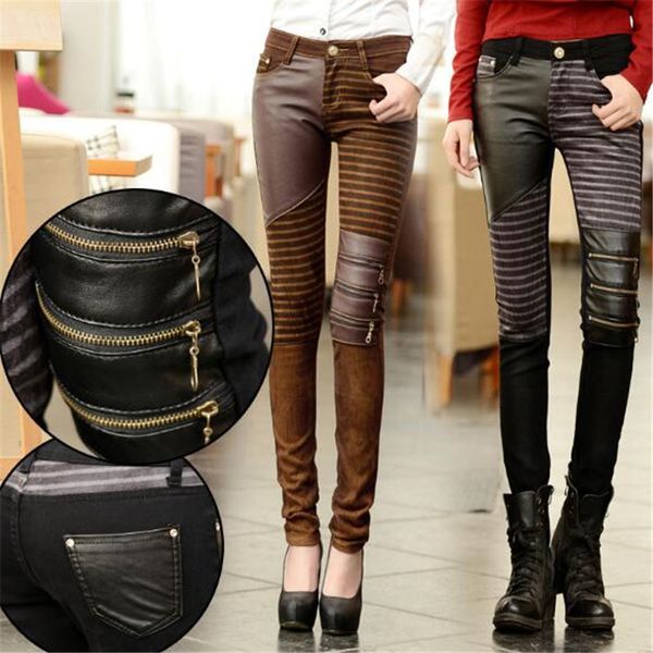 

wkoud spring new pu leather pencil pants women fashion three zip patchwork pants casual boot trousers skinny streetpants p8794, Black;white