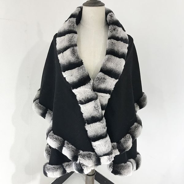 

lady women cashmere shawl with rex rabbit fur chinchilla trimming winter autumn, Black