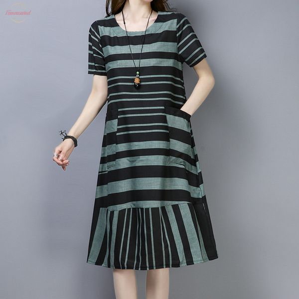 

womens vintage striped print short sleeve ladies casual knee dress cotton linen 2020 vestidos plus size striped, Black;gray