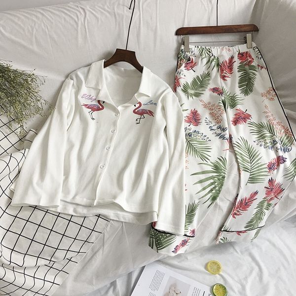 

2018 new cute sleepwear women pajama sets women flamingo print long sleeve turn-down collar pants pajama set two piece set, Blue;gray