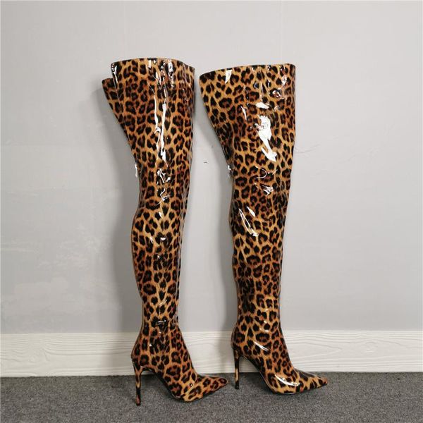 

women leopard patent leather over the knee boots runway street pointed toe high heels boots back zipper crotch boot mujer, Black