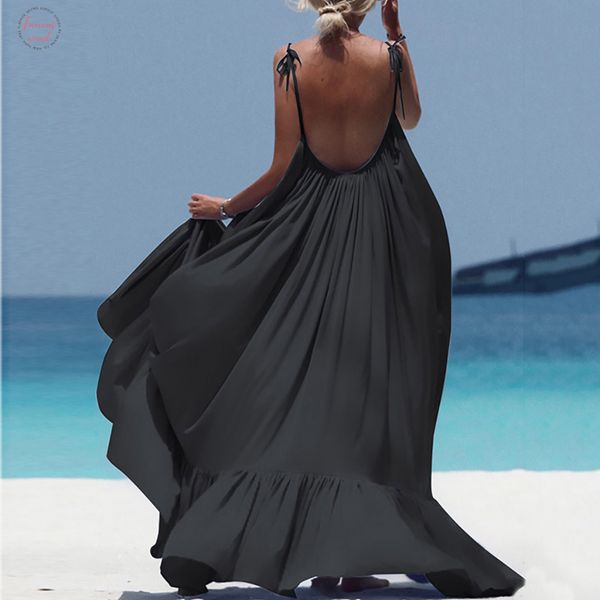

плюс размер летнее пляжное платье женщины элегантный черный спагетти ремень длинные платья женская одежда 2020 платье дамы спинки платья, Black;gray