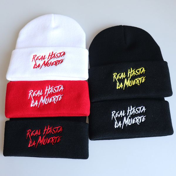 

dressuup real hasta la muerte embroidered knit cap woolen hat hip hop hood knitted hats female bonnet cap gorros hombre invierno