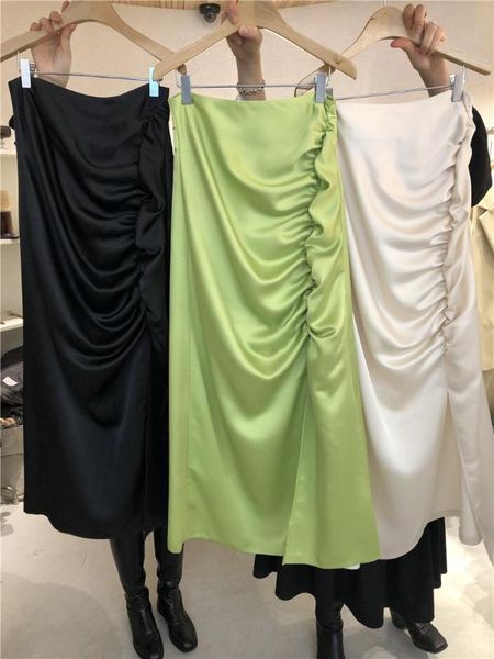 

2020 весна новая мода плиссированные длинные юбки женские сплошной цвет высокая талия нерегулярные юбки чистый цвет модные юбки femme, Black