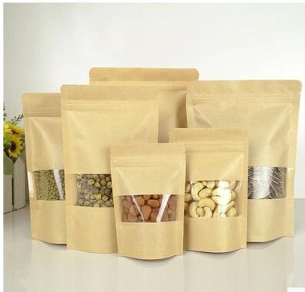 

100pcs brown stand up kraft paper zip lock bags with clear window,reclosable pouches zipper grip seal packaging